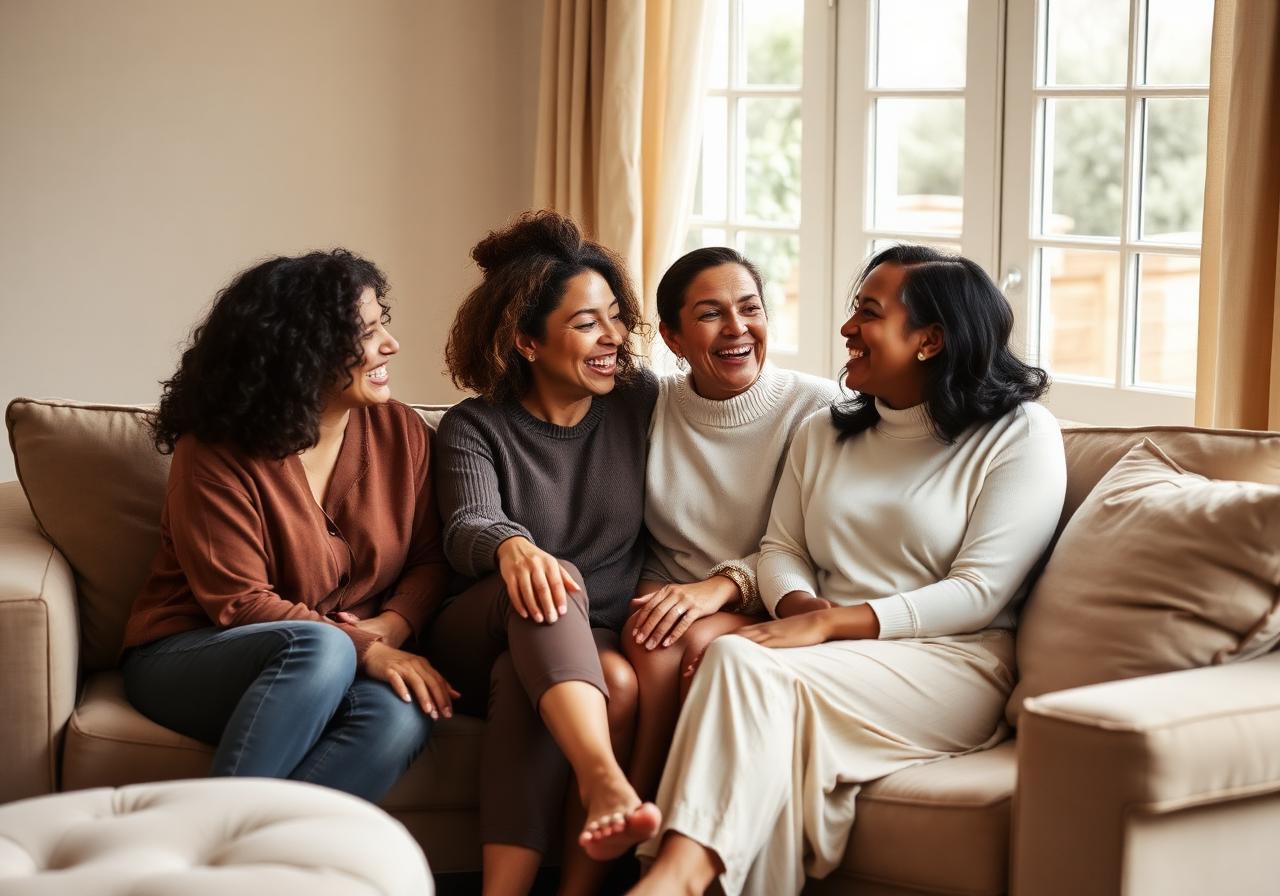 A circle of women in quiet conversation, gathered around a table in warm afternoon light